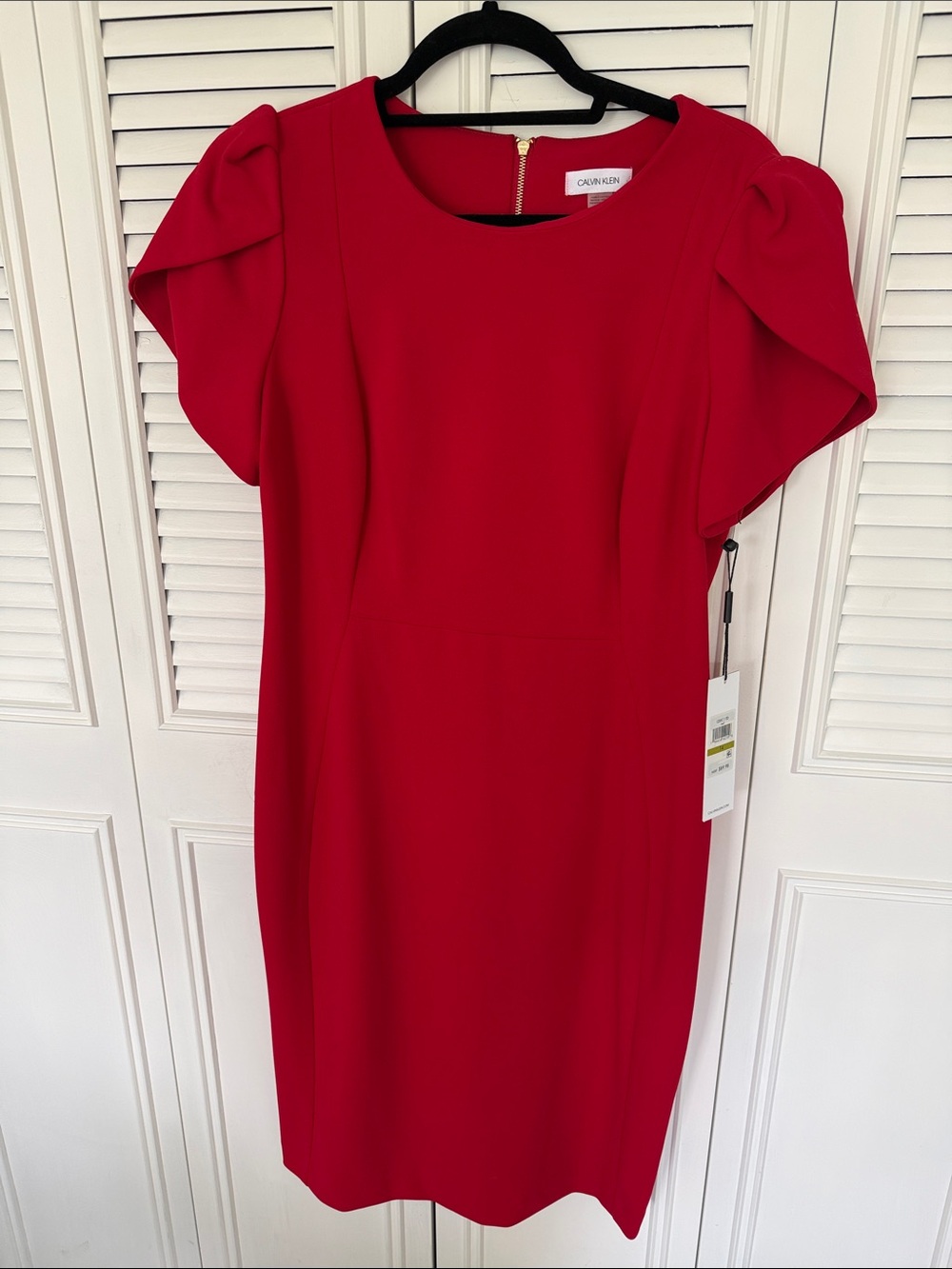 NWT- Calvin Klein Red Midi Puff-Sleeve Sheath Dress with Back Zip